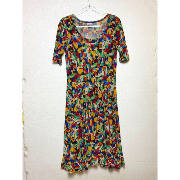 LuLaRoe LARGE Nicole Bird Parrot Print Dress Colorful Stretchy Art Deco  Retro - Picture 1 of 5